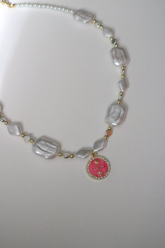 PINK EVIL EYE PEARL CHOKER