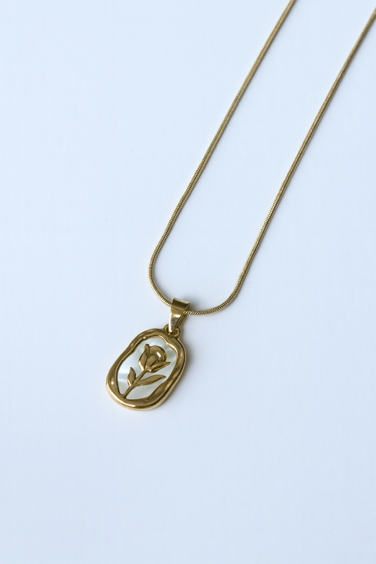 GOLD ROSE WITH WHITE BACKGROUND NECKLACE